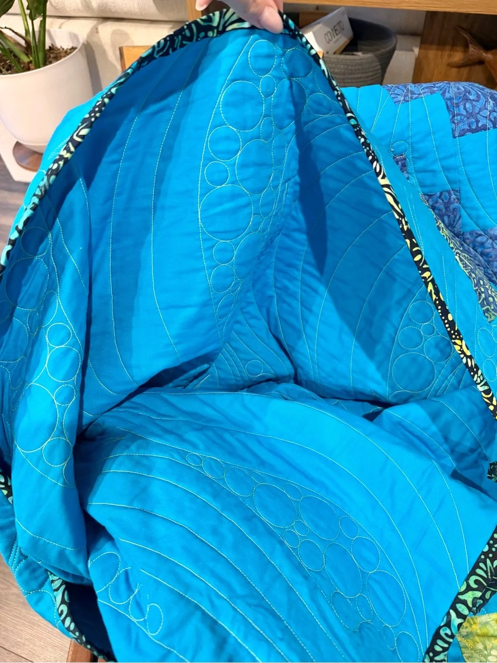 Quilted Patchwork Throw in Turquoise with Purple & Yellow Accents 72”x72”